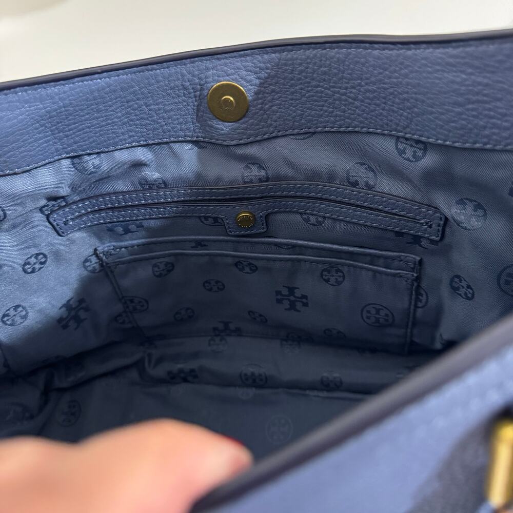 Tory Burch Frances Satchel Pebbled Leather Blue White Brown Colorblock Tote - Picture 11 of 13